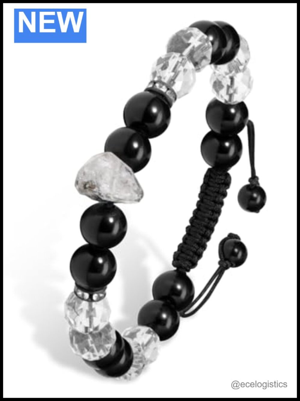 64-Facet Clear Quartz Black Obsidian Bracelet with Raw Herkimer Diamond